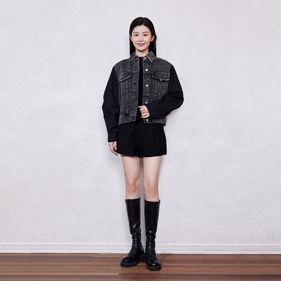 【贝】 拼接袖单排扣翻领牛仔短外套758秋季新款女装