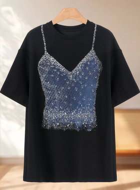 专柜539 45%粘纤【莫Y】春装 烫钻印花假两件宽松T恤663