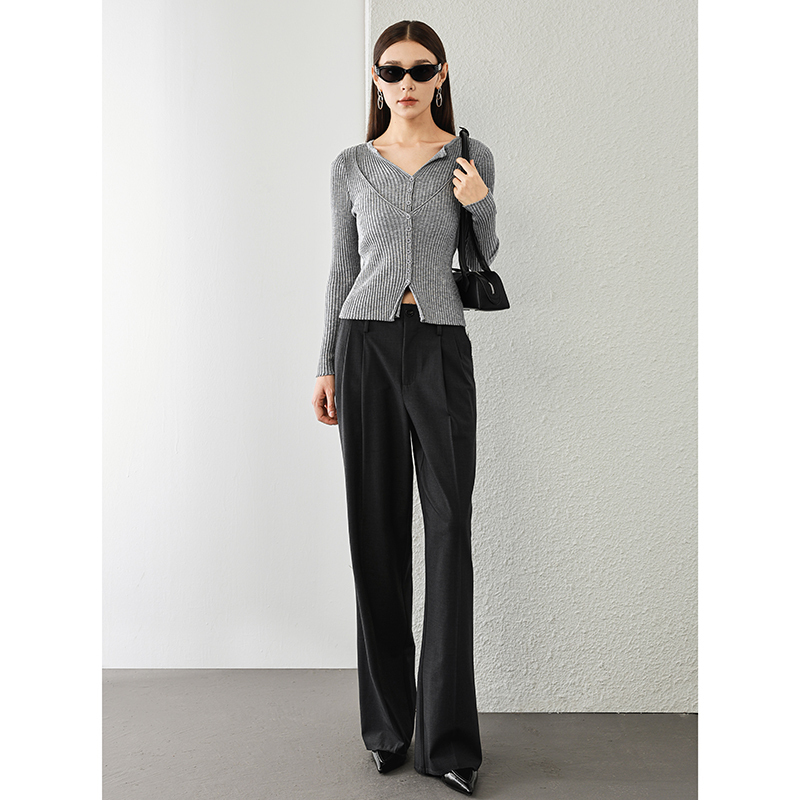 专柜499【兰】 高腰含绵羊毛简约直筒拖地裤489~秋季新款女装