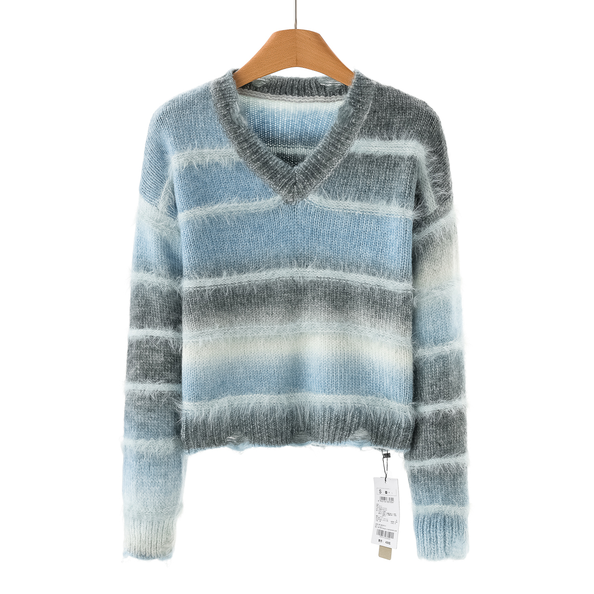 专柜439 50%粘纤【兰】秋装 V领渐变慵懒甜妹宽松短针织衫023