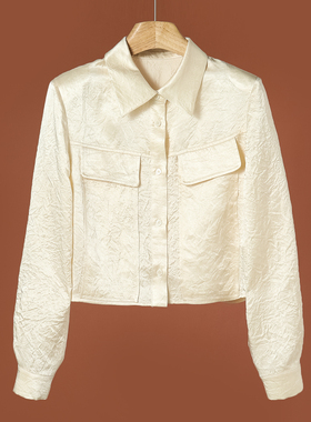 100醋酸【楚】*绍 带垫肩翻盖假口袋绸面短外套239~春季新款女装