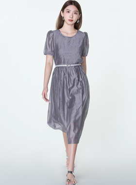 专柜799 83.4莱赛尔【莫Y】 上身百褶天丝A字型泡泡袖连衣裙812~