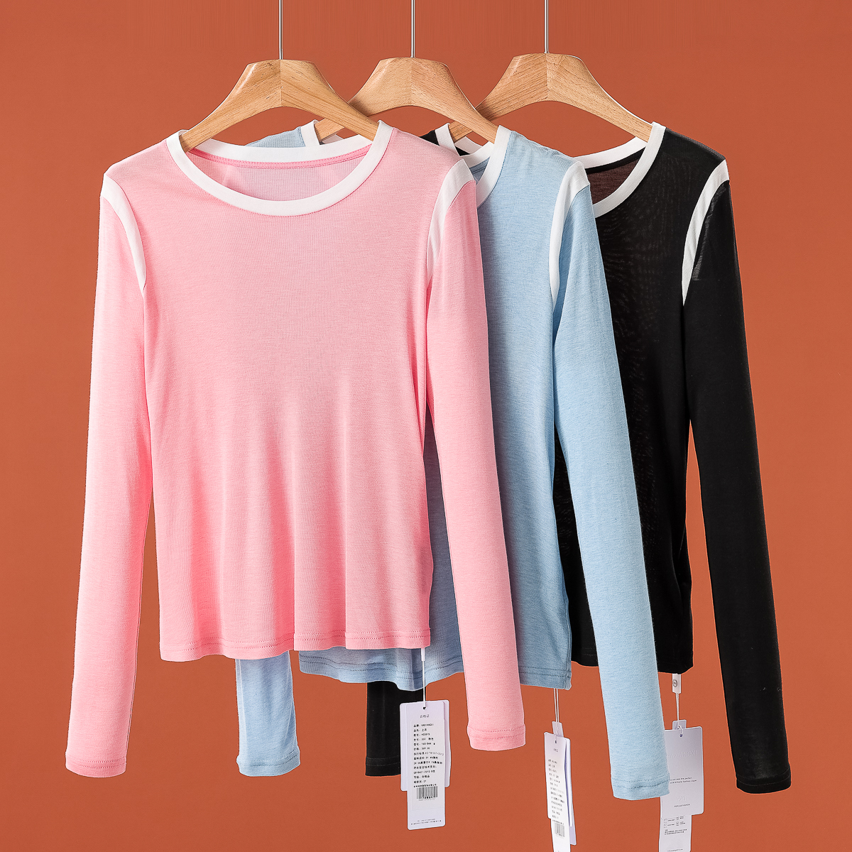 专柜369 莱赛尔+桑蚕丝【祥】夏装 撞色套头修身显瘦长袖T恤875