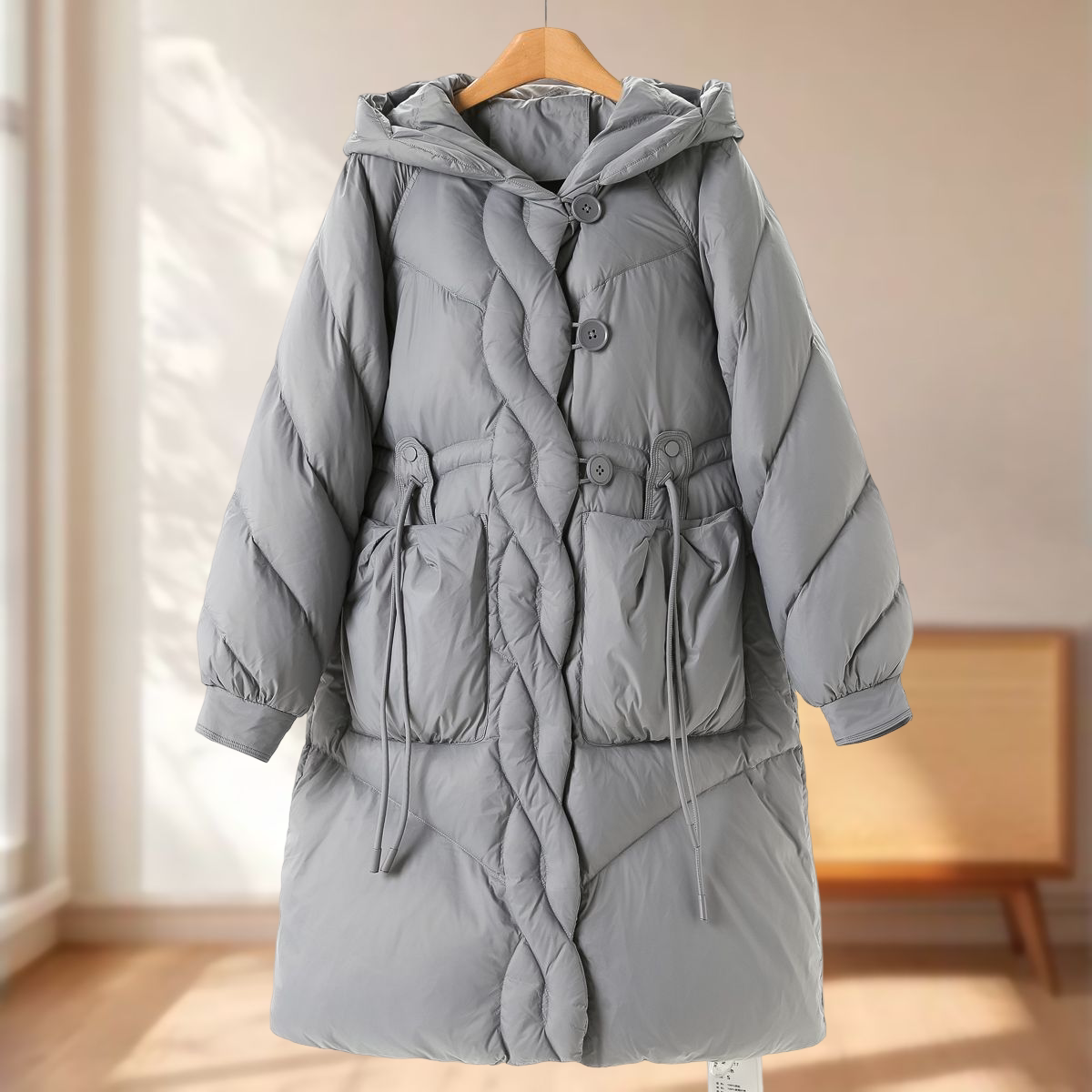 专柜1899【慧】冬装 麻花纹门襟插肩袖连帽羽绒服117