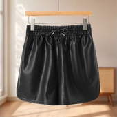 新款 女装 707 冬季 奈 高腰系绳开叉宽脚松紧PU皮短裤