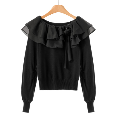 专柜698 62%粘纤【QS】 荷叶边一字肩拼接圆领针织衫013~秋季