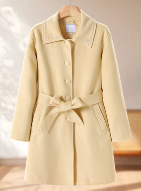 100绵羊毛【笛】 单排扣纯色领口重工刺绣呢外套026~冬季新款女