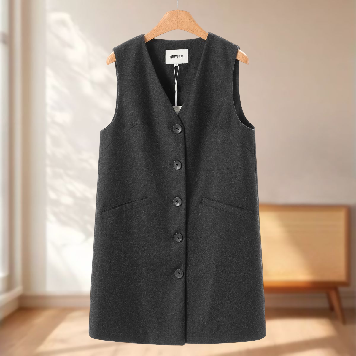 专柜799 100羊毛【熠】冬装 V领纽扣有口袋无袖背心连衣裙005