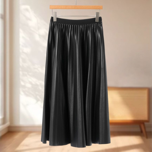 松紧高腰百褶过膝大摆PU半身裙302 冬装 专柜599 序