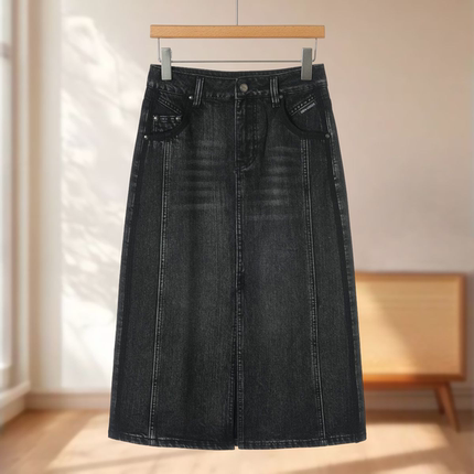 专柜699再生纤维【桑S】冬装 高腰内里磨绒开叉棉质牛仔半身裙046