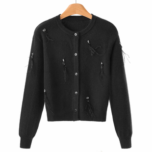 亮片羽毛水钻针织圆领短外套239 秋装 专柜699 木X