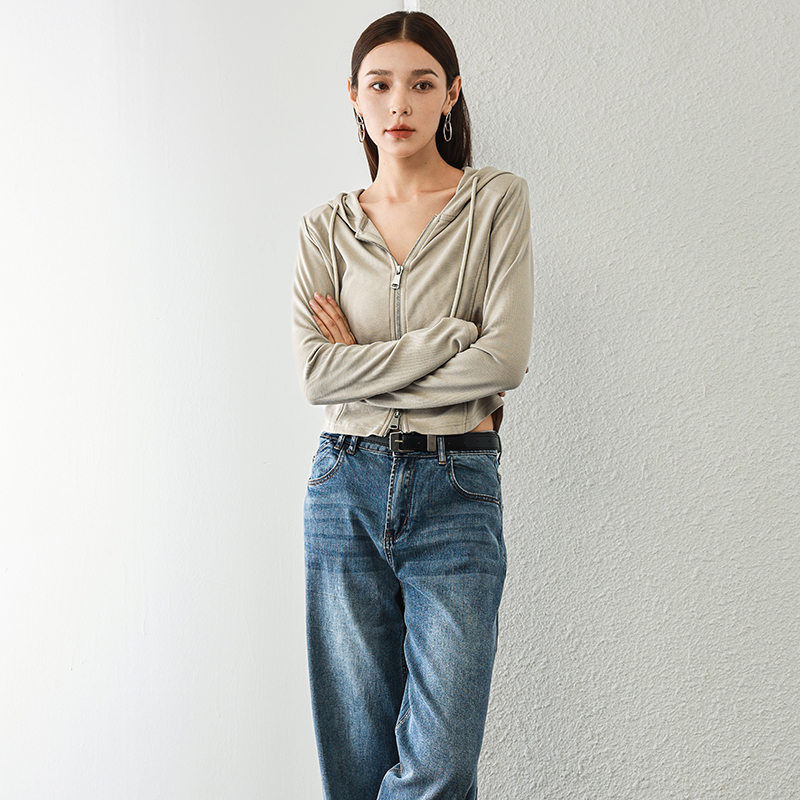 专柜439 31%粘纤【兰】 连帽带抽绳拉链修身短款卫衣569~秋季新款