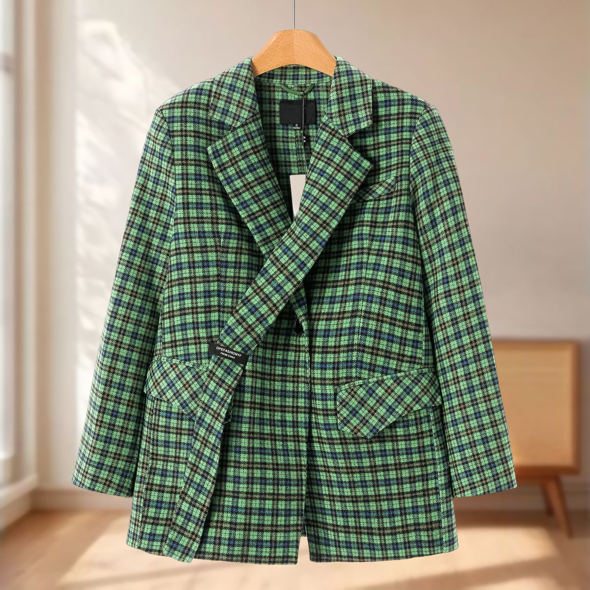 专柜1399 49%绵羊毛【妍B】冬季 交叉西装领格子双面呢大衣957