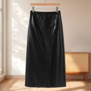 PU软面高开衩加绒直筒半身裙567 冬装 专柜579 木X