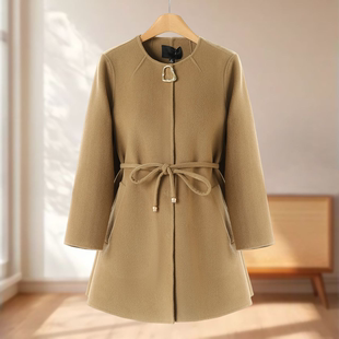 A版 专柜1699 冬季 妍B 系腰带暗扣双面呢大衣506 5%羊驼毛