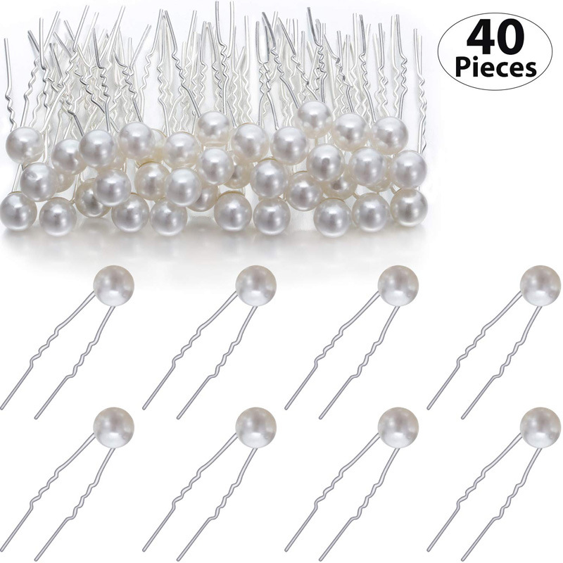 欧美跨境 8厘珍珠U形发簪发钗插针 40只一包装组合套装 新娘