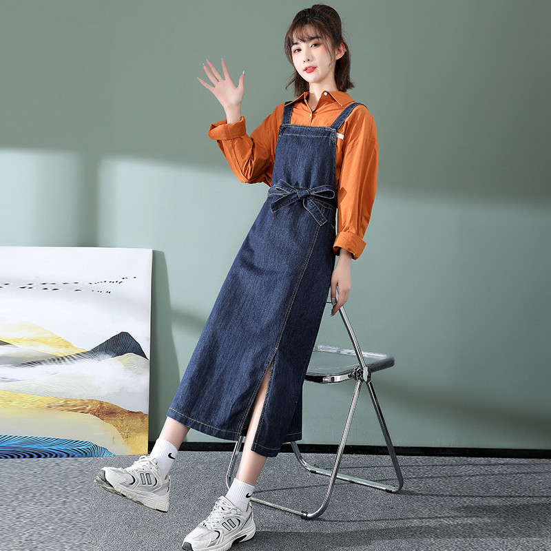 韩版新款侧开叉牛仔背带裙女夏薄款宽松显瘦中长款吊带连衣裙减龄