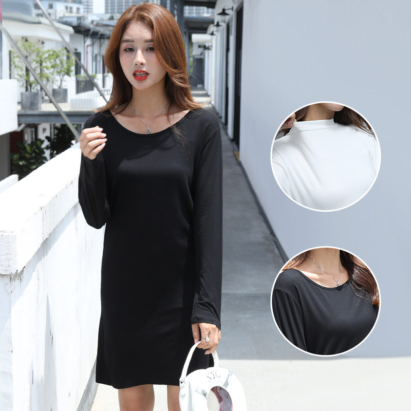 纯棉长袖打底连衣裙女春秋韩版修身中长款半高领过膝百搭t恤长裙
