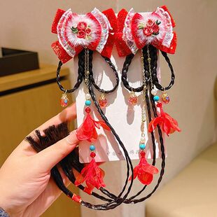 儿童假发辫子红色新年汉服中国头饰古风流苏发卡发夹宝宝女童发饰