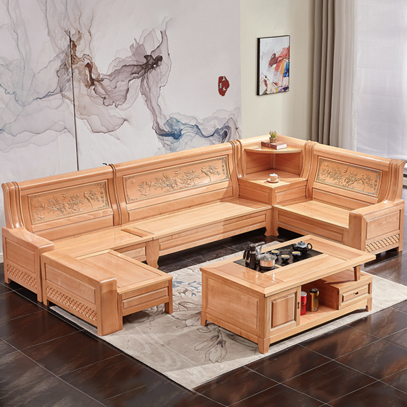 冬夏两用实木沙发组合客厅榉木原木色贵妃转角现代V中式带储物收