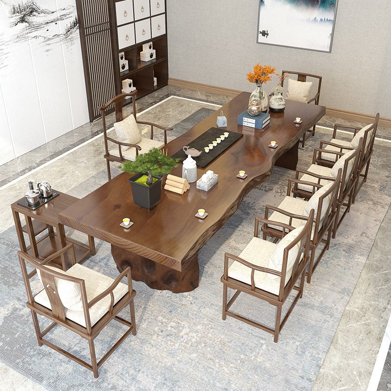 新中式实木茶桌办公室实木大板泡茶桌椅自然原Q木家用茶台桌椅组