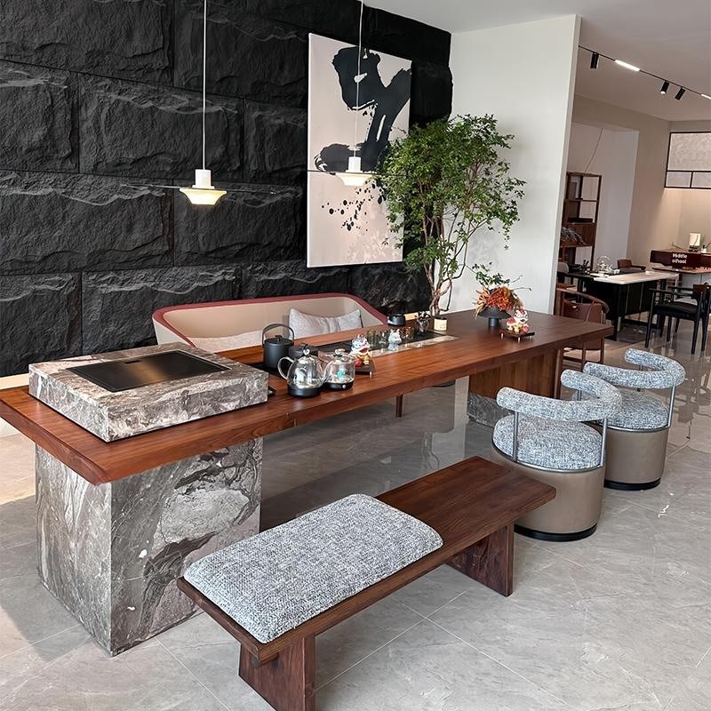 新中式实木茶桌2025新款u高端茶几简约轻奢高级感黑胡桃木岩板茶