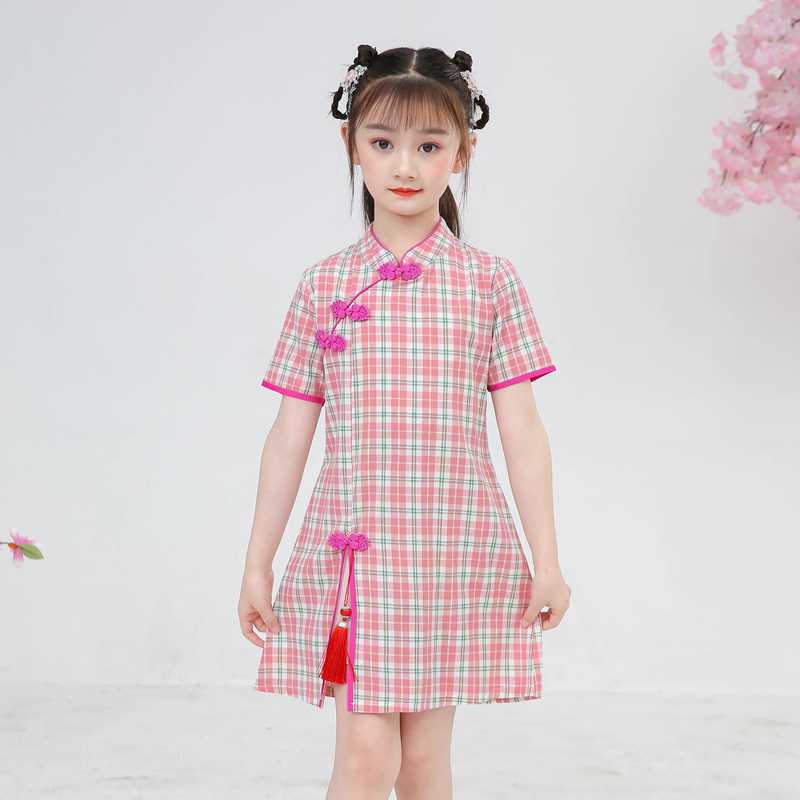 纯棉女童旗袍连衣裙新款夏装洋气中大儿童格子小女孩汉服公主裙子