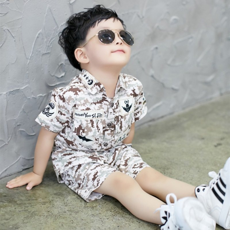 纯棉迷彩套装短袖弹力棉布帅气两件套男童中童小孩军训2-3-4-57岁