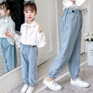 童装女童牛仔裤儿童裤子秋春装2023新款女孩洋气韩版珍珠裤子长裤