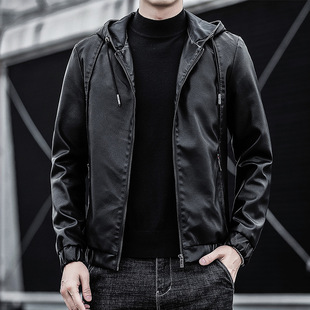 XHGC男士皮夹外套pu皮衣男连帽修身韩版机车潮流休闲外衣男装潮服