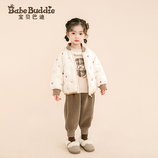 宝贝巴迪女童短款 轻薄羽绒服白色卡通印花保暖外套