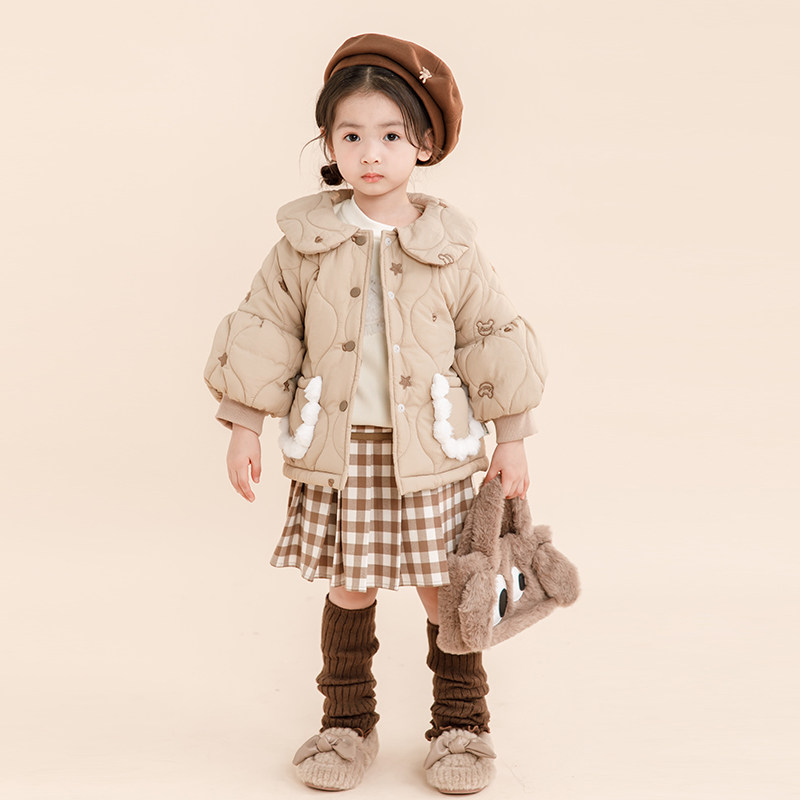 2025新款女童菱格纹棉服翻领蝴蝶结加厚保暖外套洋气卡通棉衣