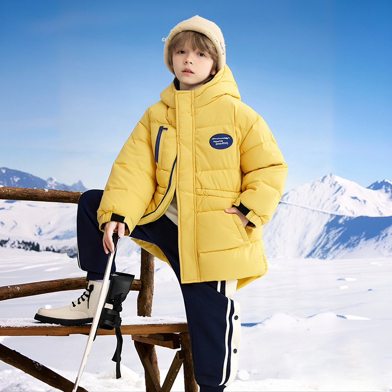 户外风儿童羽绒服中长款加厚保暖连帽男女童冬季外套黄色