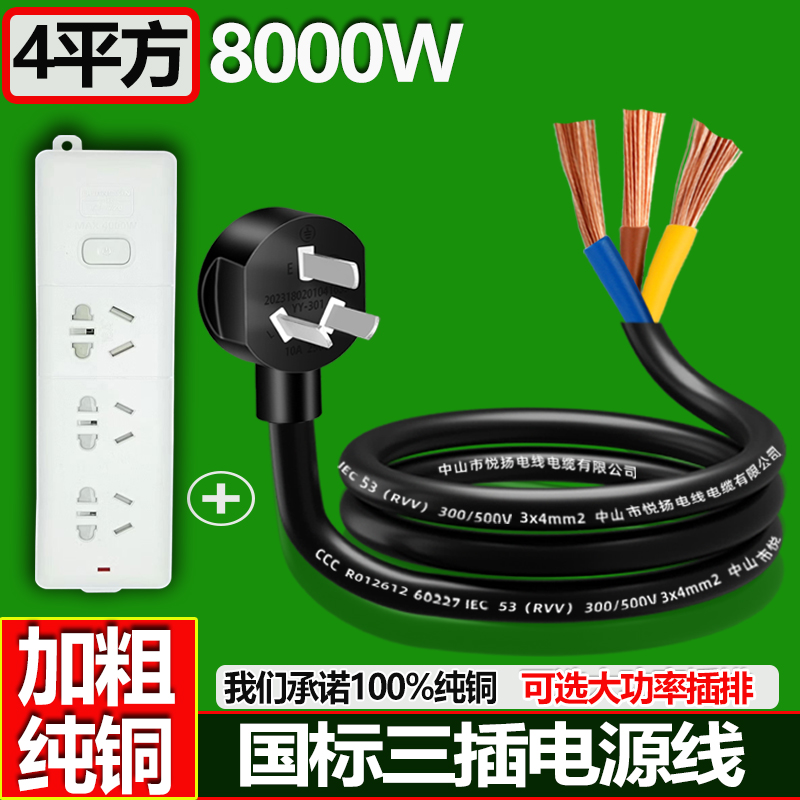 纯铜10A16a国标三插孔3芯带插头电源线大功率2.5/4平方单头裸尾