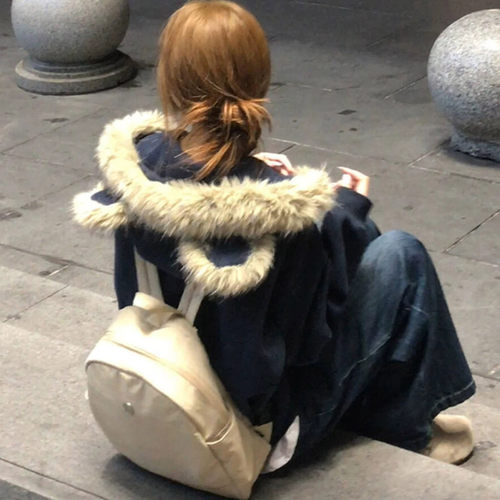 美式复古毛领学院风开衫连帽卫衣