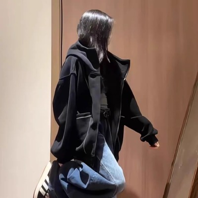 美式复古拼接分割线开衫连帽卫衣