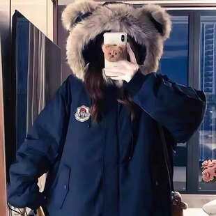 冬季卡通小熊可爱耳朵毛领派克服女宽松加厚保暖棉服大衣工装外套