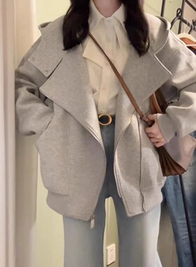 美式复古灰色连帽卫衣外套女2026新款爆款韩系慵懒风短款夹克上衣