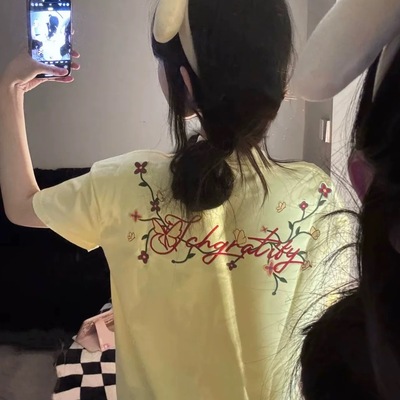 美式复古花卉刺绣百搭短袖T恤