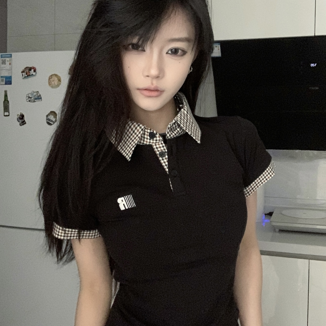 美式假两件条纹拼接polo领短袖