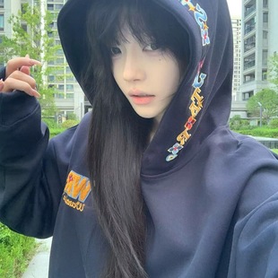 2025新款 高街藏青色彩色字母刺绣连帽卫衣女秋冬宽松情侣外套 美式