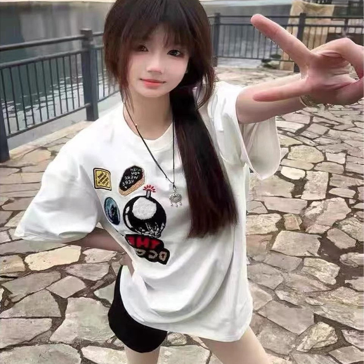 白色徽章刺绣贴布t恤女2025新款国潮牌oversize美式短袖情侣上衣