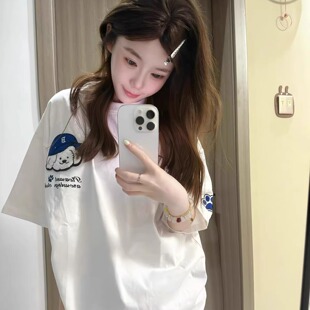 高街宽松情侣正肩上衣 美式 国潮牌魔术贴毛巾绣短袖 t恤女2026新款