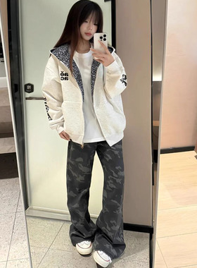 美式高街白灰色豹纹刺绣帽衫卫衣女秋冬新款宽松潮牌情侣开衫外套