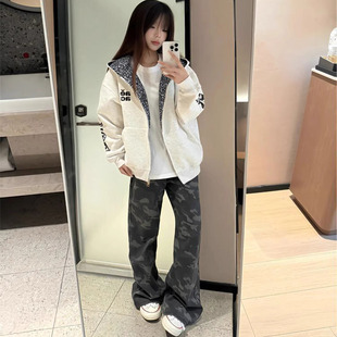 美式高街白灰色豹纹刺绣帽衫卫衣女秋冬新款宽松潮牌情侣开衫外套