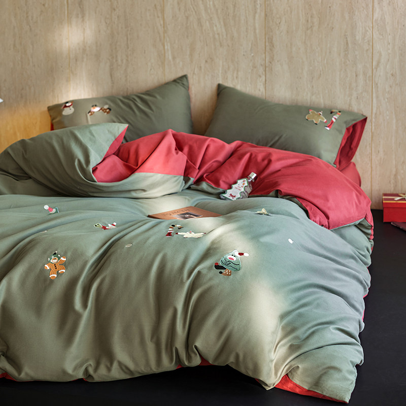卡通可爱全棉贡缎磨毛60s绣花四件套纯棉圣诞床单被套床笠三件套
