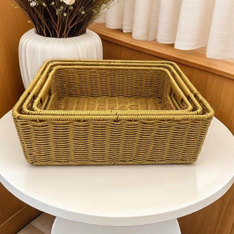 跨境源头厂家长方形藤编收纳筐家用桌面储物篮子仿藤编织收纳篮,收纳整理,脏衣篮,淘宝优惠券,粉丝福利购,淘宝优惠卷