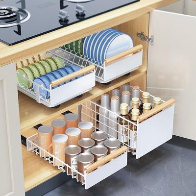 免打孔带滑轨道抽拉碗碟调味料收纳架橱柜抽屉式推拉厨房置物架子