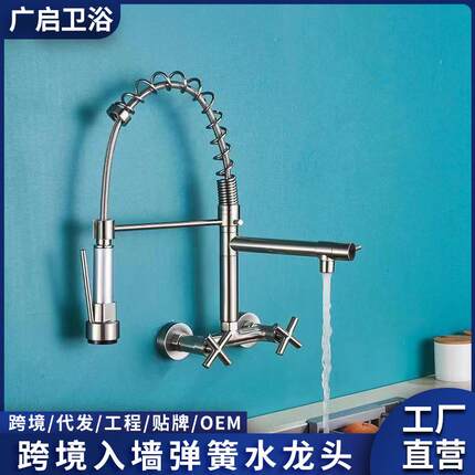 跨境全铜洗菜盆冷热抽拉式水龙头两用厨房水槽金色入墙弹簧水龙头
