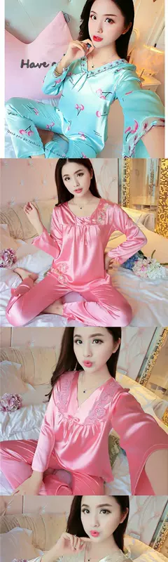Mùa xuân và mùa thu phiên bản Hàn Quốc mỏng của bộ đồ ngủ lụa giả phụ nữ mùa hè dài tay ren gợi cảm cộng với kích thước hai mảnh phù hợp với dịch vụ tại nhà của phụ nữ - Pyjama